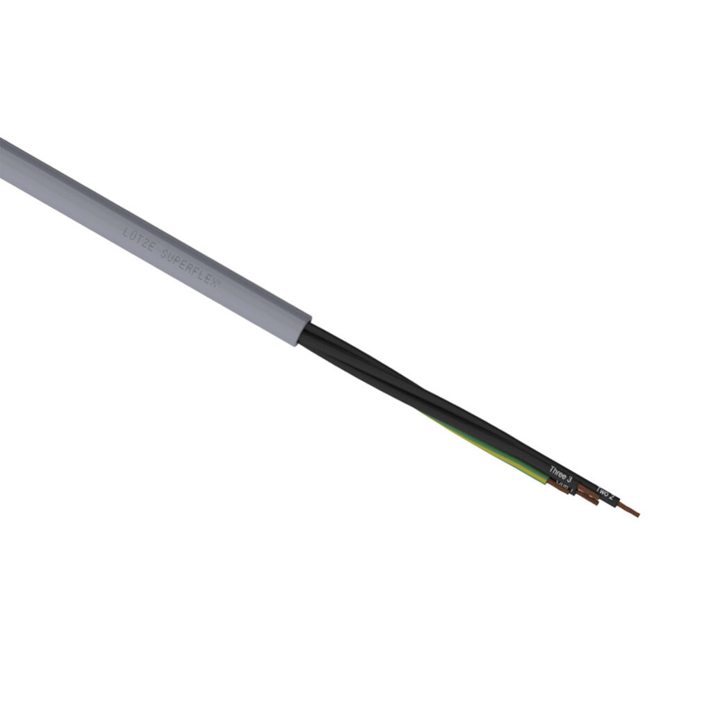 A1481204-1 - LUTZE SUPERFLEX continuous flexing control cable, unshielded, 4 conductors (includes ground), 12 AWG (4mm2), bare copper, TPE conductor insulation material, black with white numbers and green/yellow ground, PVC jacket, gray, cut to le...