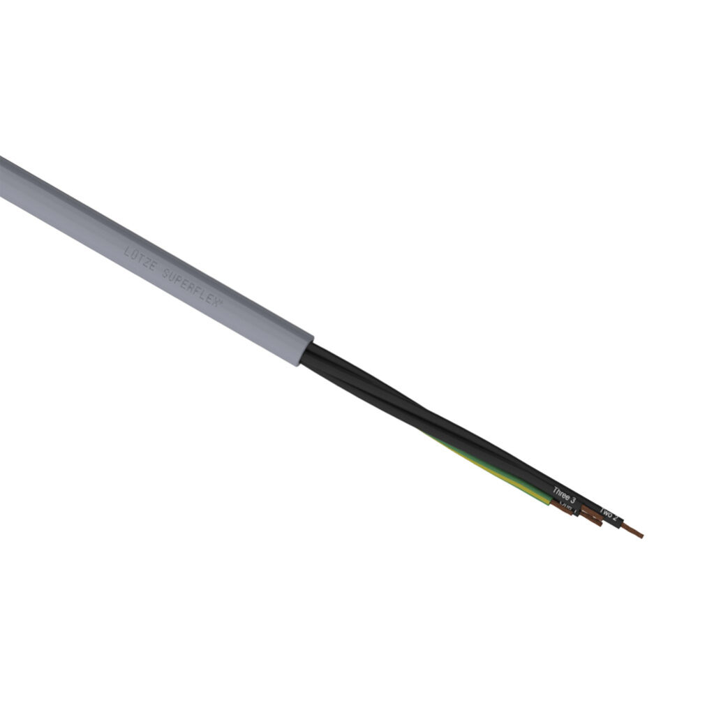 A1481404-1 - LUTZE SUPERFLEX continuous flexing control cable, unshielded, 4 conductors (includes ground), 14 AWG (2.50mm2), bare copper, TPE conductor insulation material, black with white numbers and green/yellow ground, PVC jacket, gray, cut to...