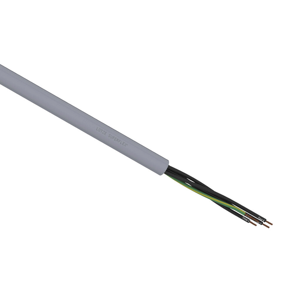 A1481405-1 - LUTZE SUPERFLEX continuous flexing control cable, unshielded, 5 conductors (includes ground), 14 AWG (2.50mm2), bare copper, TPE conductor insulation material, black with white numbers and green/yellow ground, PVC jacket, gray, cut to...