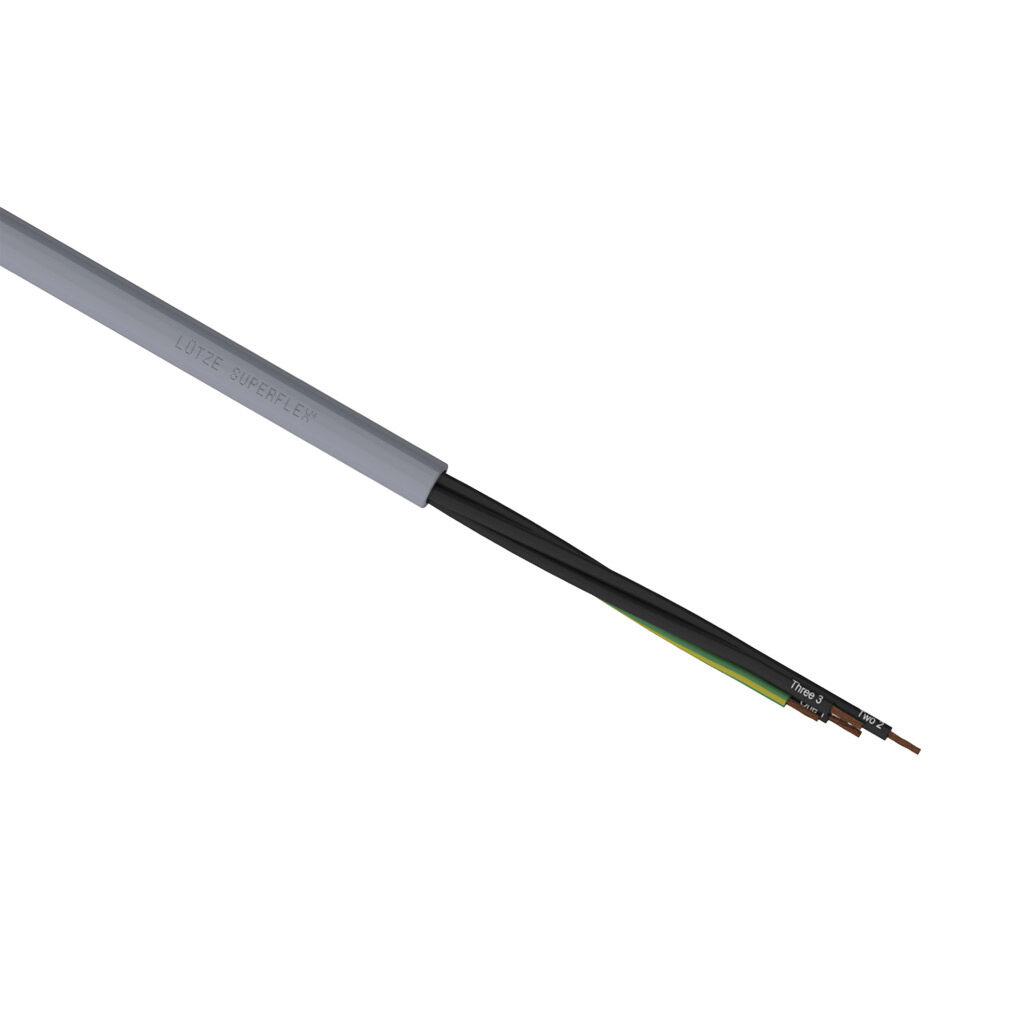 A1481604-1 - LUTZE SUPERFLEX continuous flexing control cable, unshielded, 4 conductors (includes ground), 16 AWG (1.50mm2), bare copper, TPE conductor insulation material, black with white numbers and green/yellow ground, PVC jacket, gray, cut to...