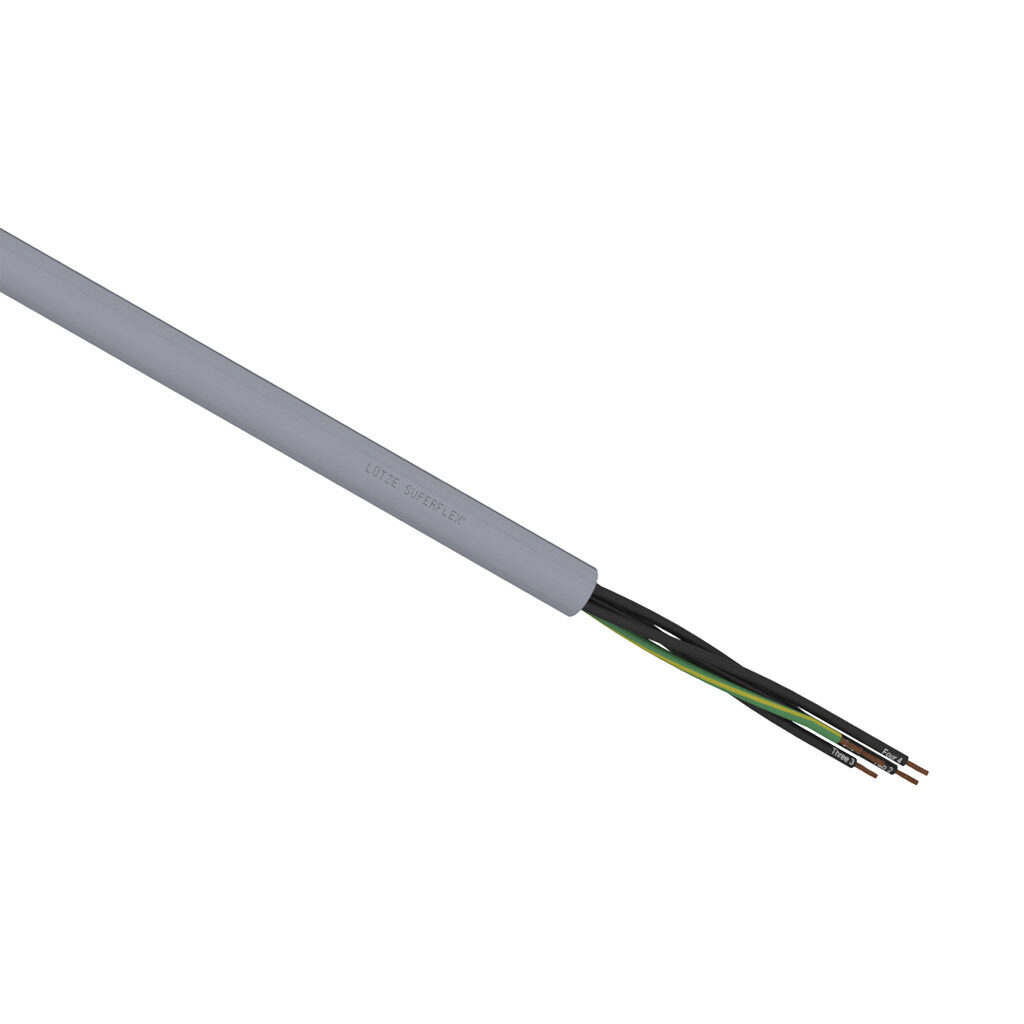 A1481605-1 - LUTZE SUPERFLEX continuous flexing control cable, unshielded, 5 conductors (includes ground), 16 AWG (1.50mm2), bare copper, TPE conductor insulation material, black with white numbers and green/yellow ground, PVC jacket, gray, cut to...