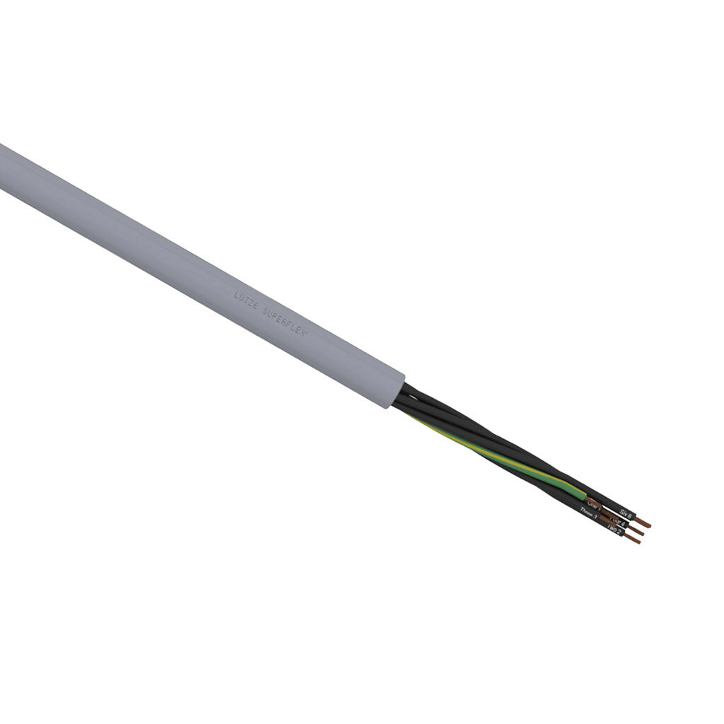 A1481607-1 - LUTZE SUPERFLEX continuous flexing control cable, unshielded, 7 conductors (includes ground), 16 AWG (1.50mm2), bare copper, TPE conductor insulation material, black with white numbers and green/yellow ground, PVC jacket, gray, cut to...
