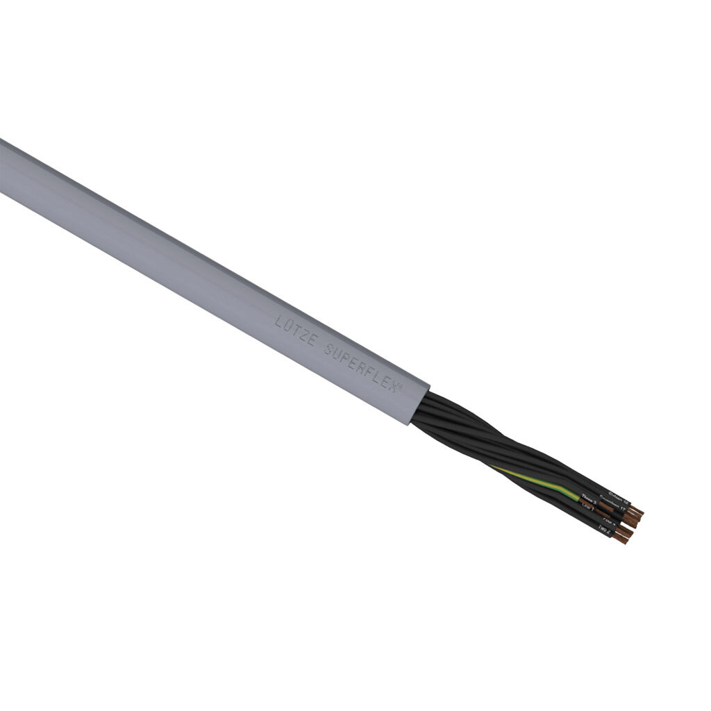 A1481618-1 - LUTZE SUPERFLEX continuous flexing control cable, unshielded, 18 conductors (includes ground), 16 AWG (1.50mm2), bare copper, TPE conductor insulation material, black with white numbers and green/yellow ground, PVC jacket, gray, cut t...