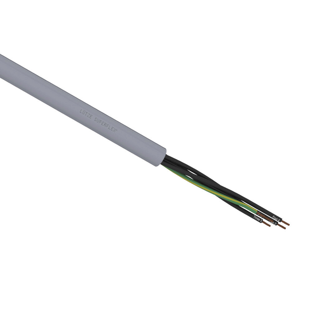 A1481805-1 - LUTZE SUPERFLEX continuous flexing control cable, unshielded, 5 conductors (includes ground), 18 AWG (1.0mm2), bare copper, TPE conductor insulation material, black with white numbers and green/yellow ground, PVC jacket, gray, cut to ...