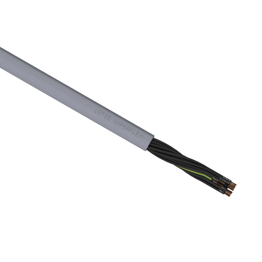 A1481818-1 - LUTZE SUPERFLEX continuous flexing control cable, unshielded, 18 conductors (includes ground), 18 AWG (1.0mm2), bare copper, TPE conductor insulation material, black with white numbers and green/yellow ground, PVC jacket, gray, cut to...