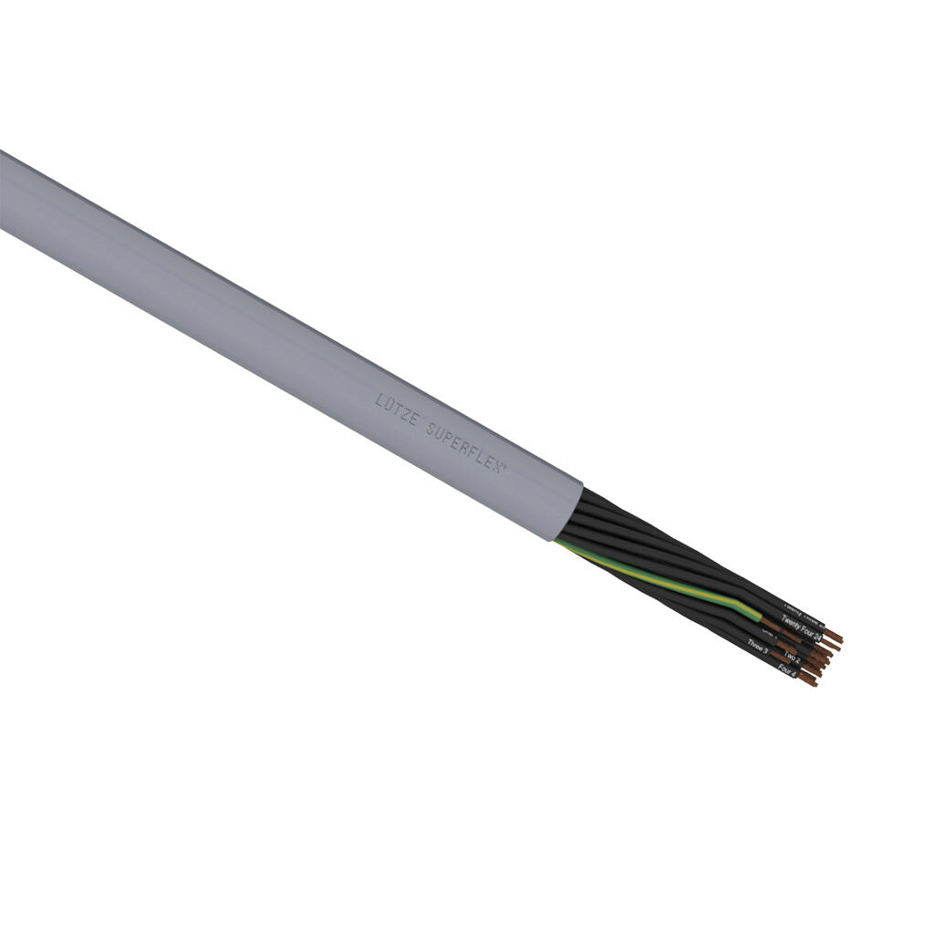 A1481825-1 - LUTZE SUPERFLEX continuous flexing control cable, unshielded, 25 conductors (includes ground), 18 AWG (1.0mm2), bare copper, TPE conductor insulation material, black with white numbers and green/yellow ground, PVC jacket, gray, cut to...
