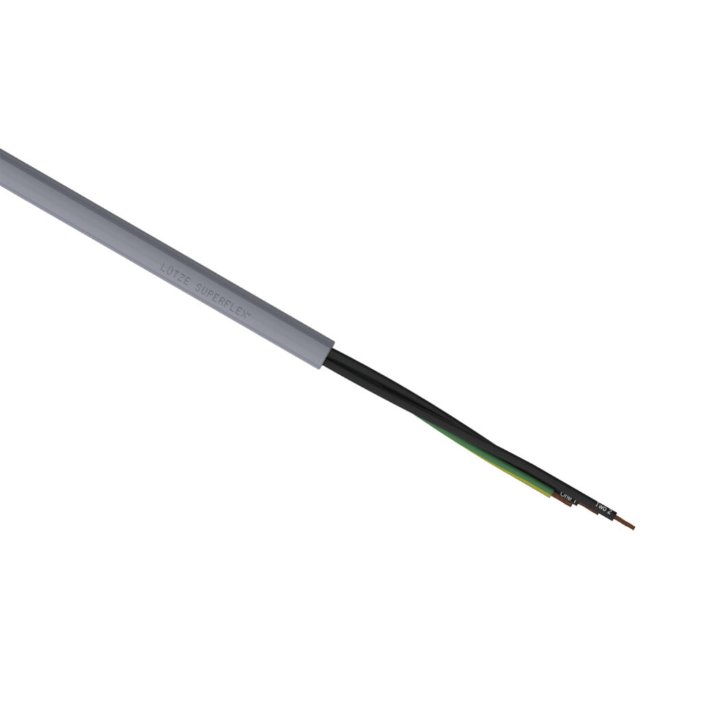 A1482003-1 - LUTZE SUPERFLEX continuous flexing control cable, unshielded, 3 conductors (includes ground), 21 AWG (0.50mm2), bare copper, TPE conductor insulation material, black with white numbers and green/yellow ground, PVC jacket, gray, cut to...