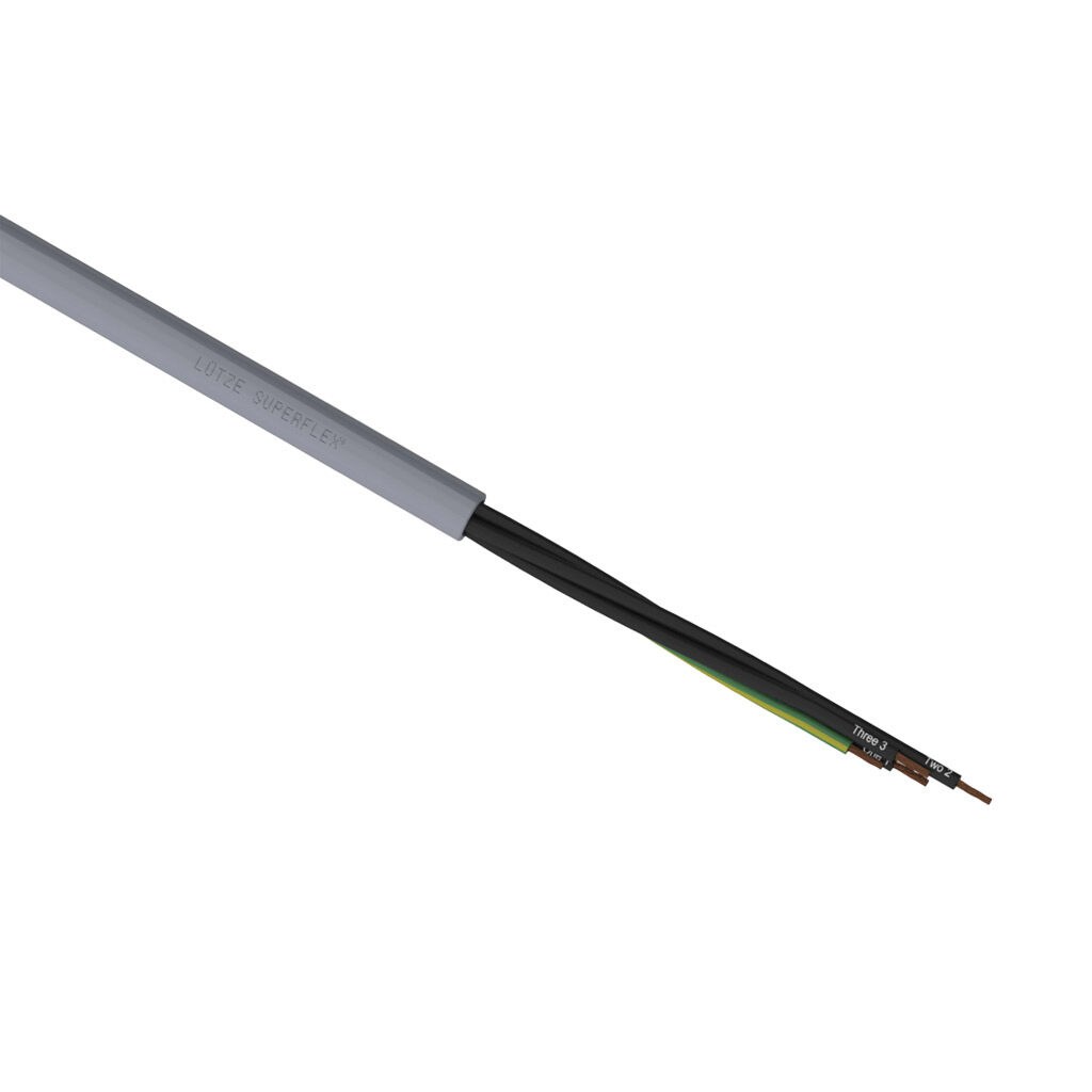A1482004-1 - LUTZE SUPERFLEX continuous flexing control cable, unshielded, 4 conductors (includes ground), 21 AWG (0.50mm2), bare copper, TPE conductor insulation material, black with white numbers and green/yellow ground, PVC jacket, gray, cut to...