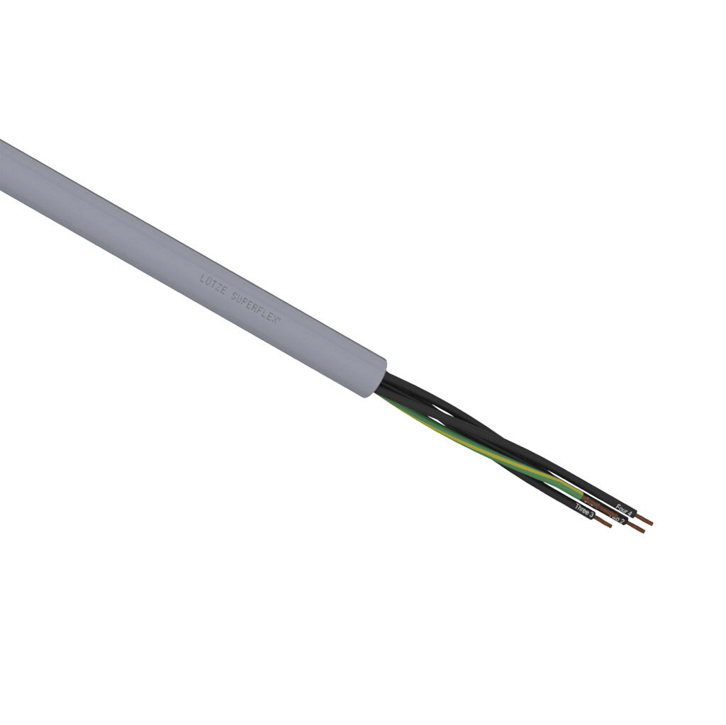 A1482005-1 - LUTZE SUPERFLEX continuous flexing control cable, unshielded, 5 conductors (includes ground), 21 AWG (0.50mm2), bare copper, TPE conductor insulation material, black with white numbers and green/yellow ground, PVC jacket, gray, cut to...
