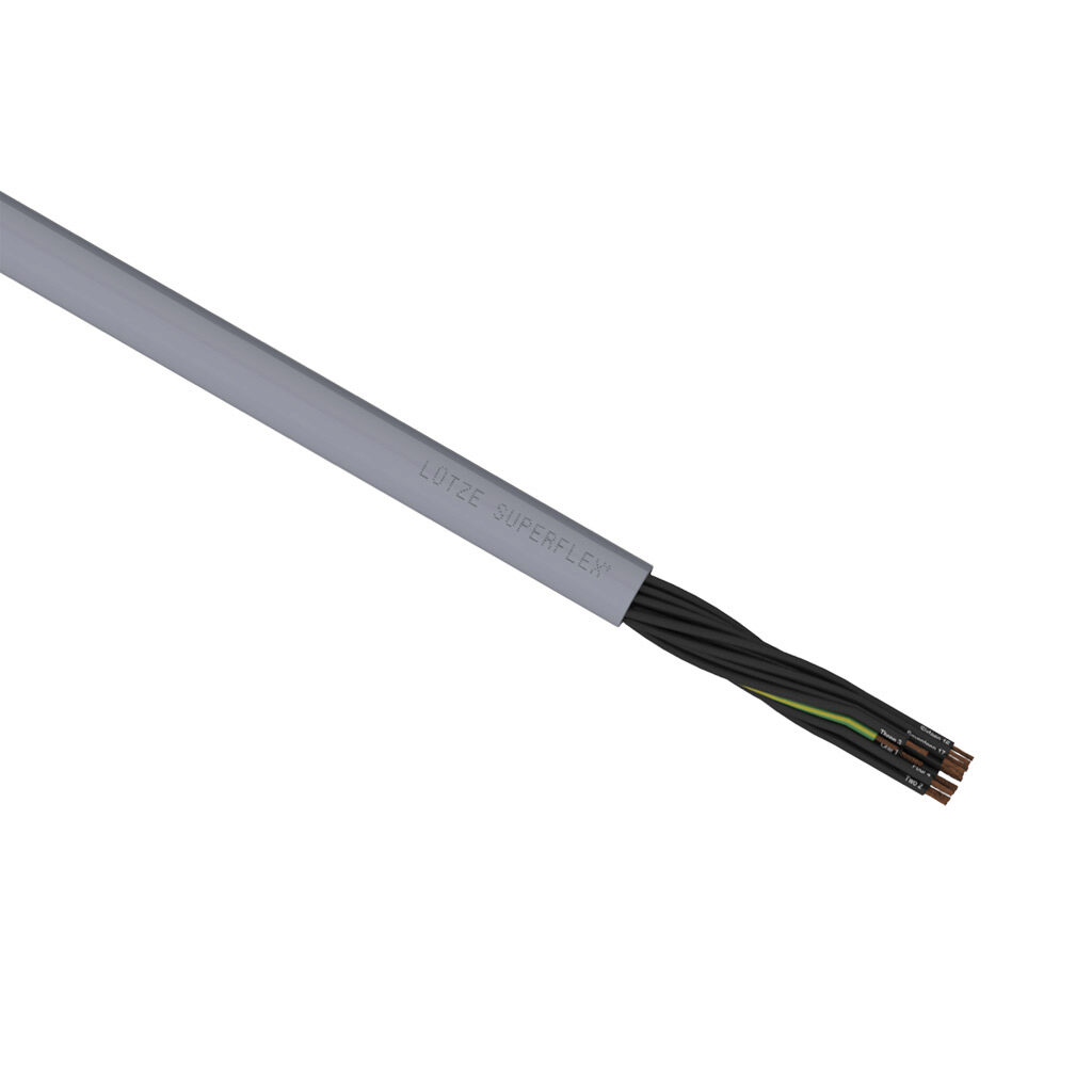 A1482018-1 - LUTZE SUPERFLEX continuous flexing control cable, unshielded, 18 conductors (includes ground), 21 AWG (0.50mm2), bare copper, TPE conductor insulation material, black with white numbers and green/yellow ground, PVC jacket, gray, cut t...