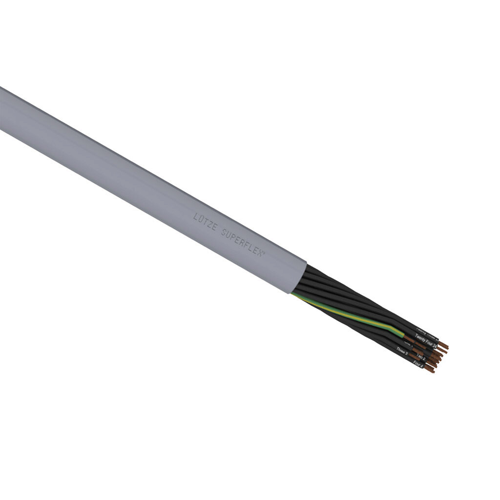 A1482025-1 - LUTZE SUPERFLEX continuous flexing control cable, unshielded, 25 conductors (includes ground), 21 AWG (0.50mm2), bare copper, TPE conductor insulation material, black with white numbers and green/yellow ground, PVC jacket, gray, cut t...