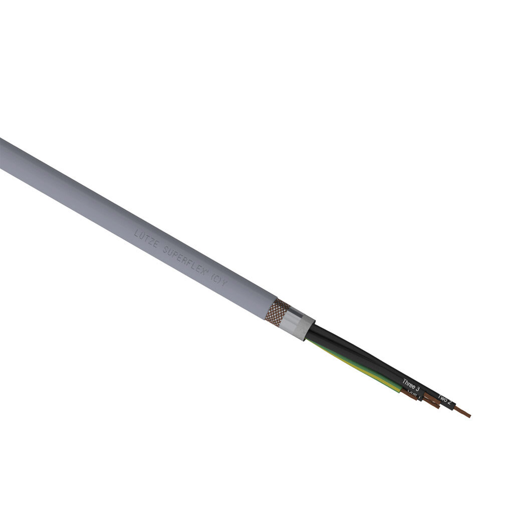 A1491204-1 - LUTZE SUPERFLEX continuous flexing control cable, shielded, 4 conductors (includes ground), 12 AWG (4mm2), bare copper, TPE conductor insulation material, black with white numbers and green/yellow ground, PVC jacket, gray, cut to length.