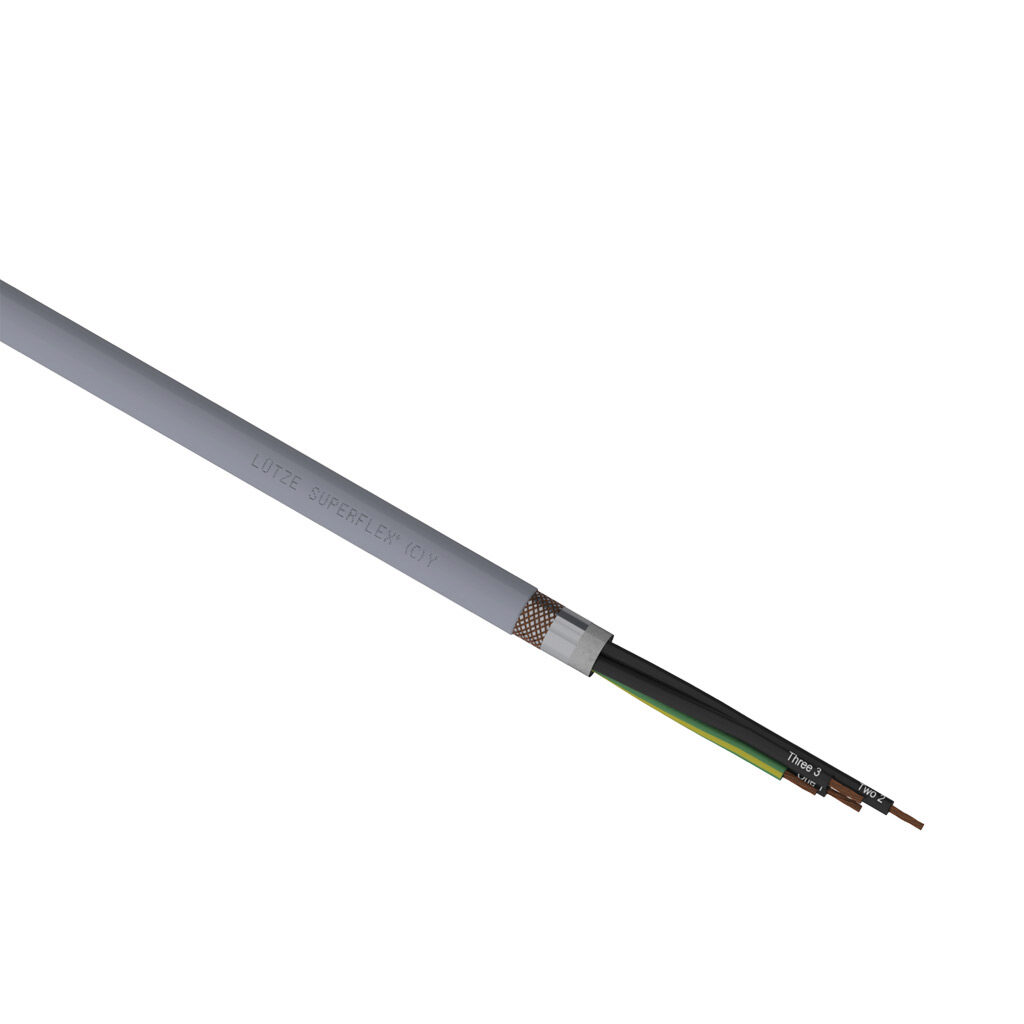A1491404-1 - LUTZE SUPERFLEX continuous flexing control cable, shielded, 4 conductors (includes ground), 14 AWG (2.50mm2), bare copper, TPE conductor insulation material, black with white numbers and green/yellow ground, PVC jacket, gray, cut to l...