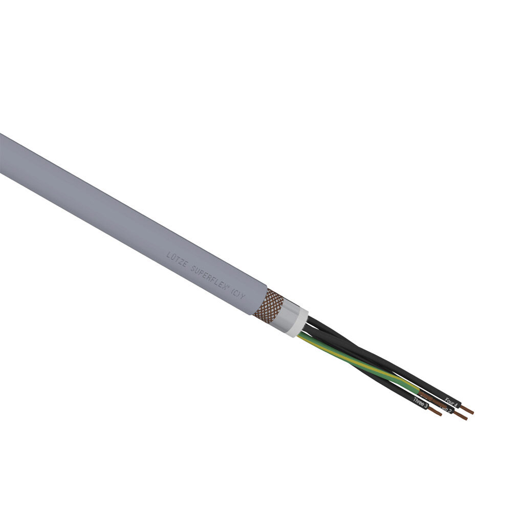 A1491405-1 - LUTZE SUPERFLEX continuous flexing control cable, shielded, 5 conductors (includes ground), 14 AWG (2.50mm2), bare copper, TPE conductor insulation material, black with white numbers and green/yellow ground, PVC jacket, gray, cut to l...