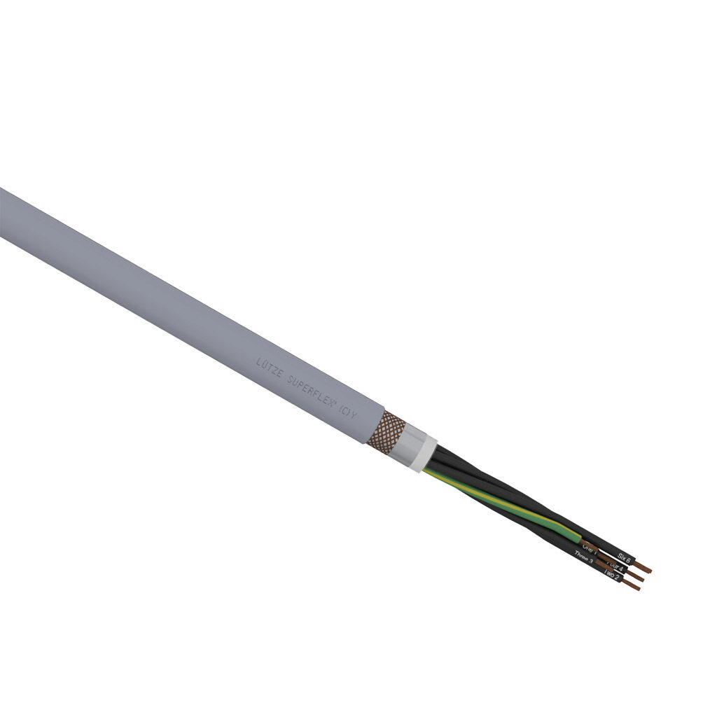 A1491407-1 - LUTZE SUPERFLEX continuous flexing control cable, shielded, 7 conductors (includes ground), 14 AWG (2.50mm2), bare copper, TPE conductor insulation material, black with white numbers and green/yellow ground, PVC jacket, gray, cut to l...