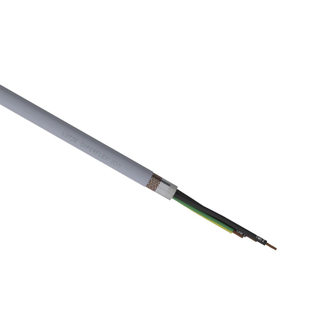 A1491603-1 - LUTZE SUPERFLEX continuous flexing control cable, shielded, 3 conductors (includes ground), 16 AWG (1.50mm2), bare copper, TPE conductor insulation material, black with white numbers and green/yellow ground, PVC jacket, gray, cut to l...