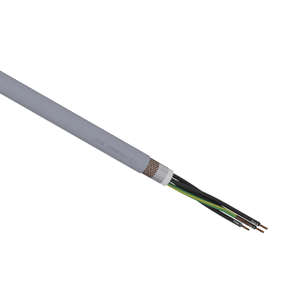 A1491605-1 - LUTZE SUPERFLEX continuous flexing control cable, shielded, 5 conductors (includes ground), 16 AWG (1.50mm2), bare copper, TPE conductor insulation material, black with white numbers and green/yellow ground, PVC jacket, gray, cut to l...