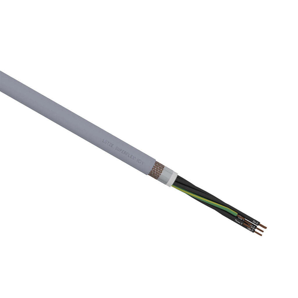A1491607-1 - LUTZE SUPERFLEX continuous flexing control cable, shielded, 7 conductors (includes ground), 16 AWG (1.50mm2), bare copper, TPE conductor insulation material, black with white numbers and green/yellow ground, PVC jacket, gray, cut to l...