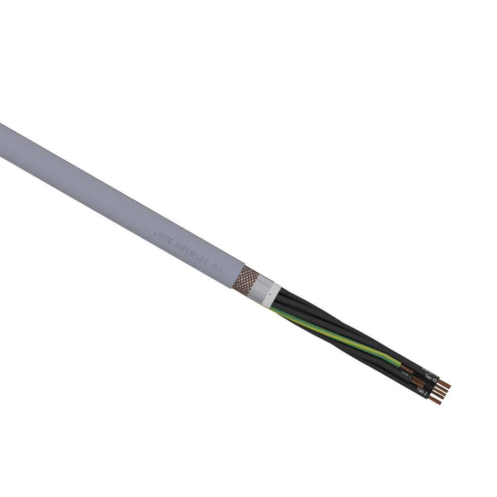 A1491612-1 - LUTZE SUPERFLEX continuous flexing control cable, shielded, 12 conductors (includes ground), 16 AWG (1.50mm2), bare copper, TPE conductor insulation material, black with white numbers and green/yellow ground, PVC jacket, gray, cut to ...