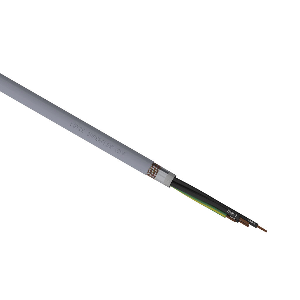 A1491804-1 - LUTZE SUPERFLEX continuous flexing control cable, shielded, 4 conductors (includes ground), 18 AWG (1.0mm2), bare copper, TPE conductor insulation material, black with white numbers and green/yellow ground, PVC jacket, gray, cut to le...