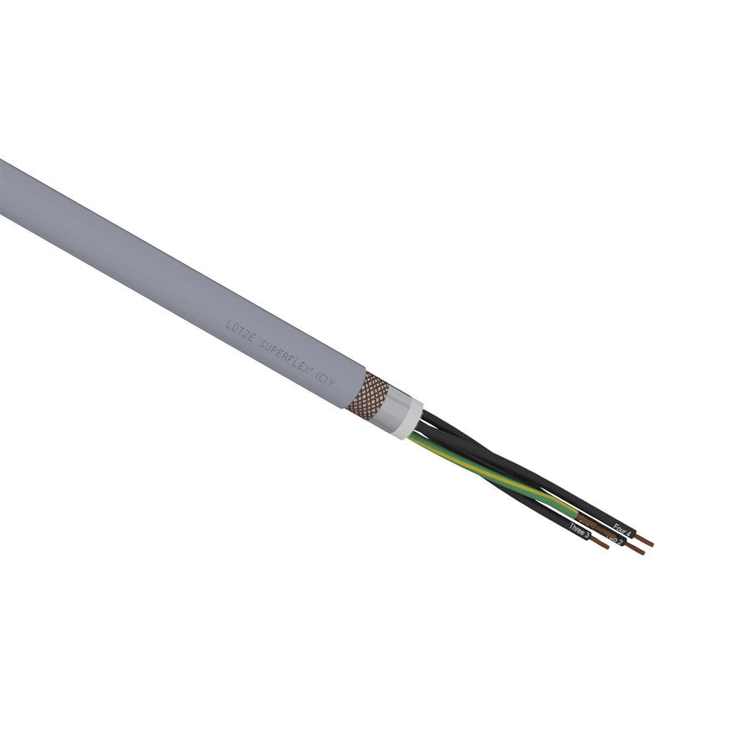 A1491805-1 - LUTZE SUPERFLEX continuous flexing control cable, shielded, 5 conductors (includes ground), 18 AWG (1.0mm2), bare copper, TPE conductor insulation material, black with white numbers and green/yellow ground, PVC jacket, gray, cut to le...