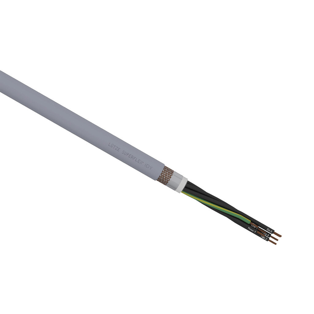 A1491807-1 - LUTZE SUPERFLEX continuous flexing control cable, shielded, 7 conductors (includes ground), 18 AWG (1.0mm2), bare copper, TPE conductor insulation material, black with white numbers and green/yellow ground, PVC jacket, gray, cut to le...