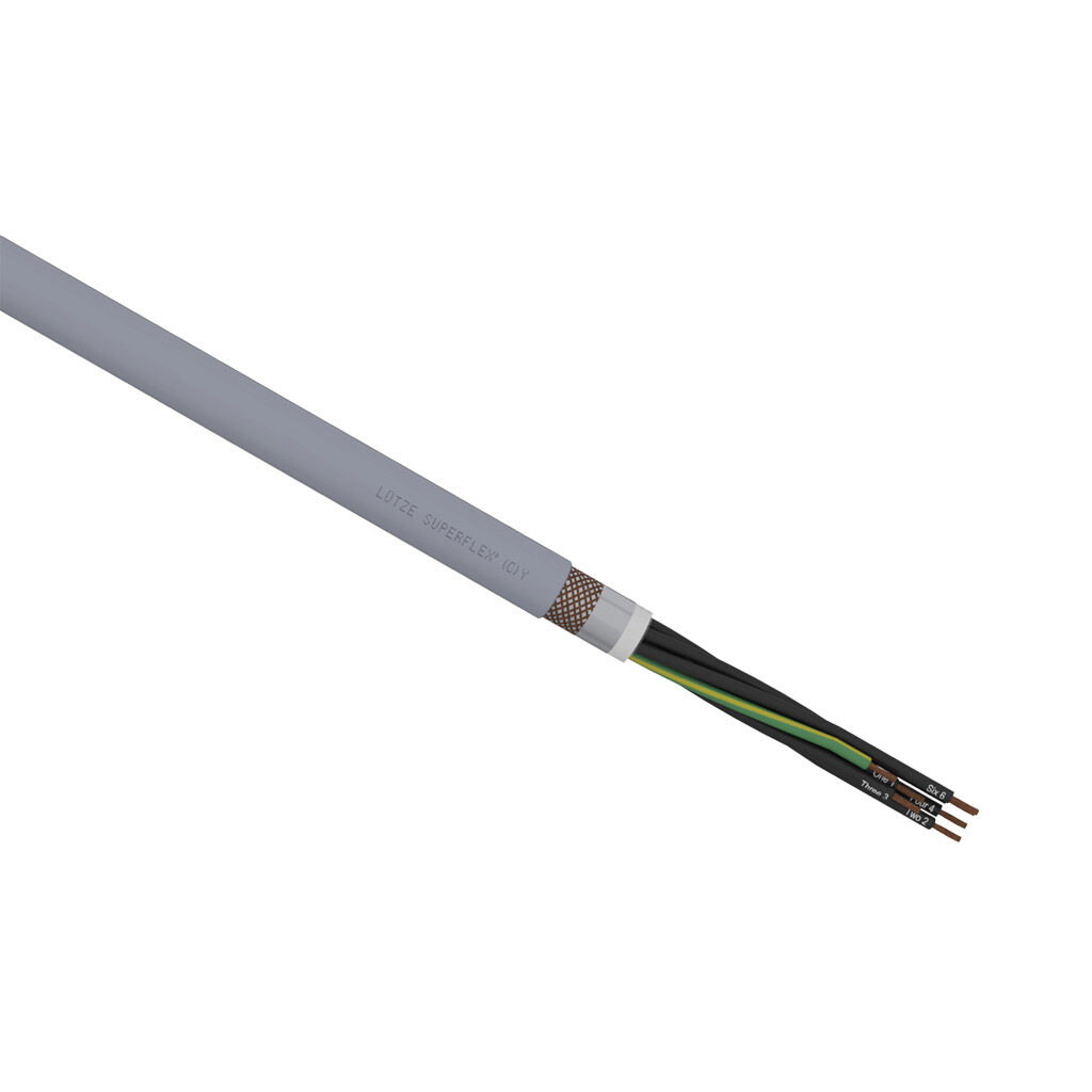 A1492007-1 - LUTZE SUPERFLEX continuous flexing control cable, shielded, 7 conductors (includes ground), 21 AWG (0.50mm2), bare copper, TPE conductor insulation material, black with white numbers and green/yellow ground, PVC jacket, gray, cut to l...
