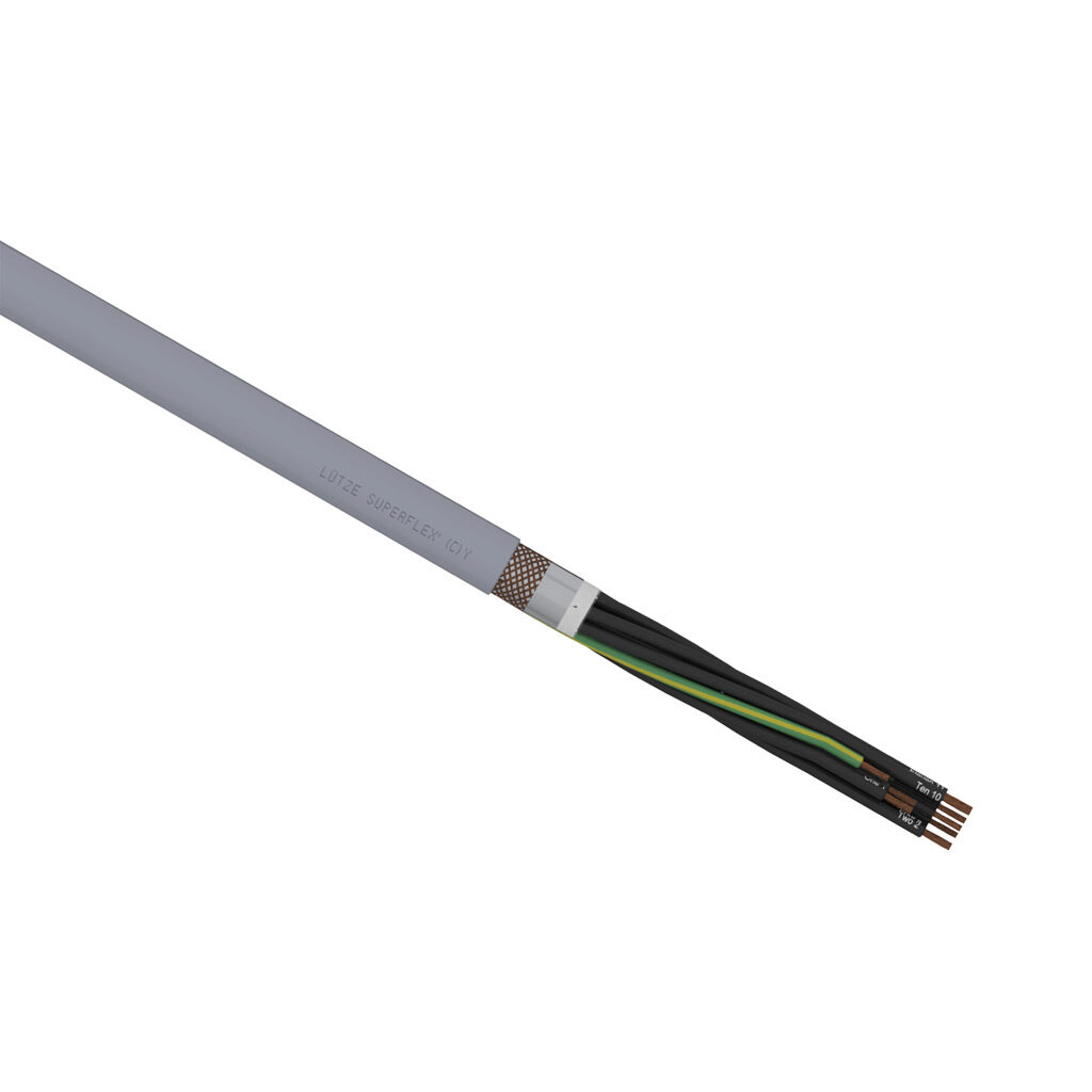 A1492012-1 - LUTZE SUPERFLEX continuous flexing control cable, shielded, 12 conductors (includes ground), 21 AWG (0.50mm2), bare copper, TPE conductor insulation material, black with white numbers and green/yellow ground, PVC jacket, gray, cut to ...