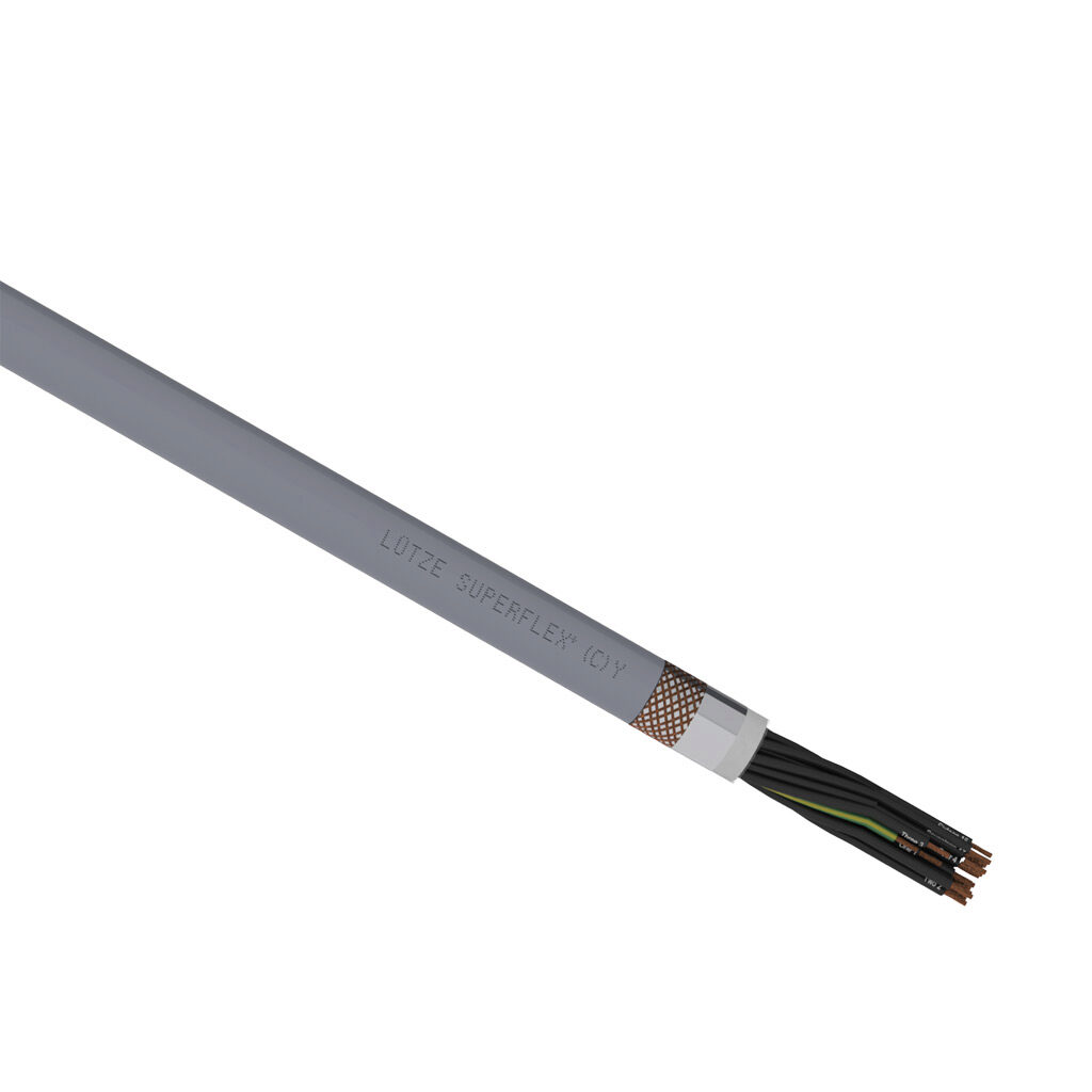 A1492018-1 - LUTZE SUPERFLEX continuous flexing control cable, shielded, 18 conductors (includes ground), 21 AWG (0.50mm2), bare copper, TPE conductor insulation material, black with white numbers and green/yellow ground, PVC jacket, gray, cut to ...