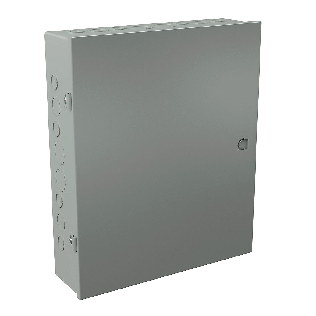 A151804 - Wiegmann enclosure, NEMA 1, 18 x 15 x 4in (HxWxD), wall mount, with knockouts, carbon steel, ANSI 61 gray, powder coat finish, single-door, integral snap-tight latch.