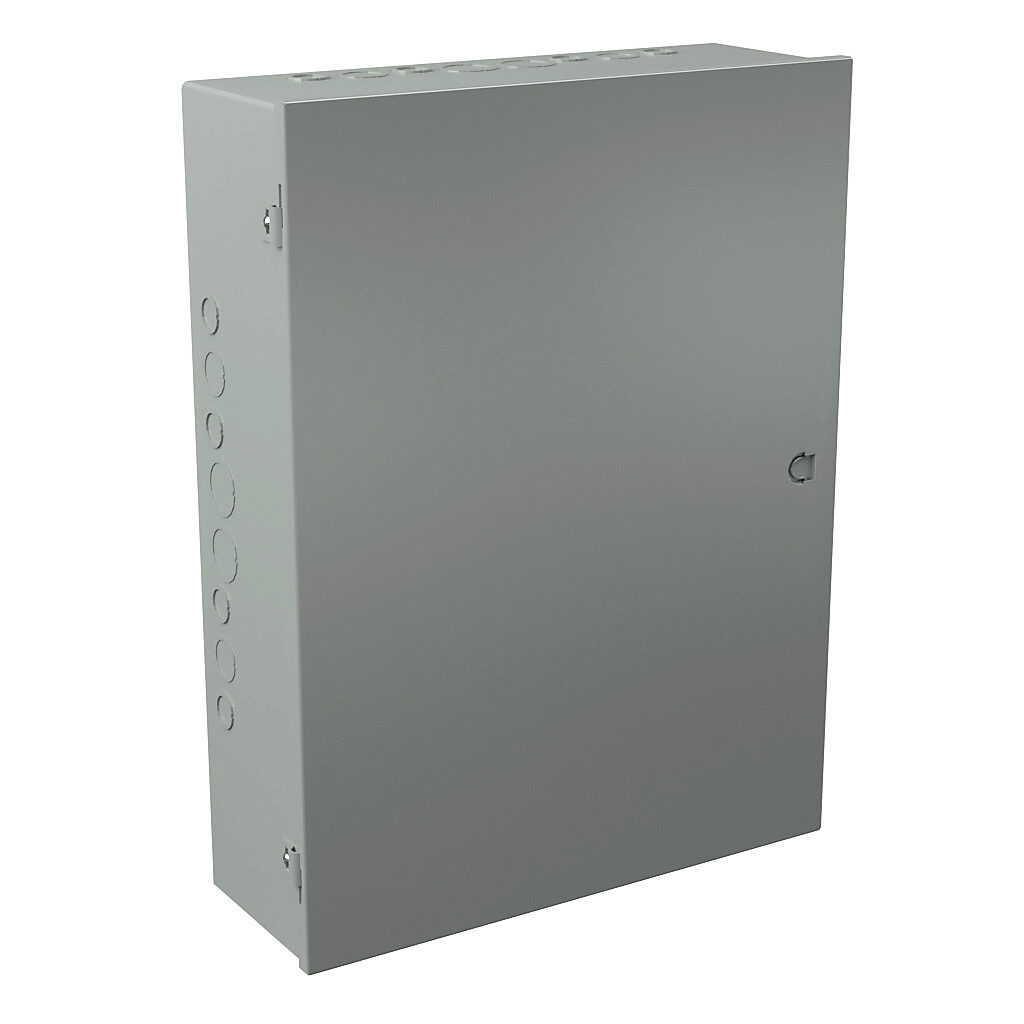 A182406 - Wiegmann enclosure, NEMA 1, 24 x 18 x 6in (HxWxD), wall mount, with knockouts, carbon steel, ANSI 61 gray, powder coat finish, single-door, integral snap-tight latch.