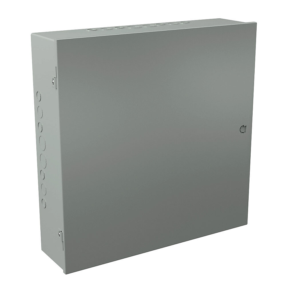 A242406 - Wiegmann enclosure, NEMA 1, 24 x 24 x 6in (HxWxD), wall mount, with knockouts, carbon steel, ANSI 61 gray, powder coat finish, single-door, integral snap-tight latch.
