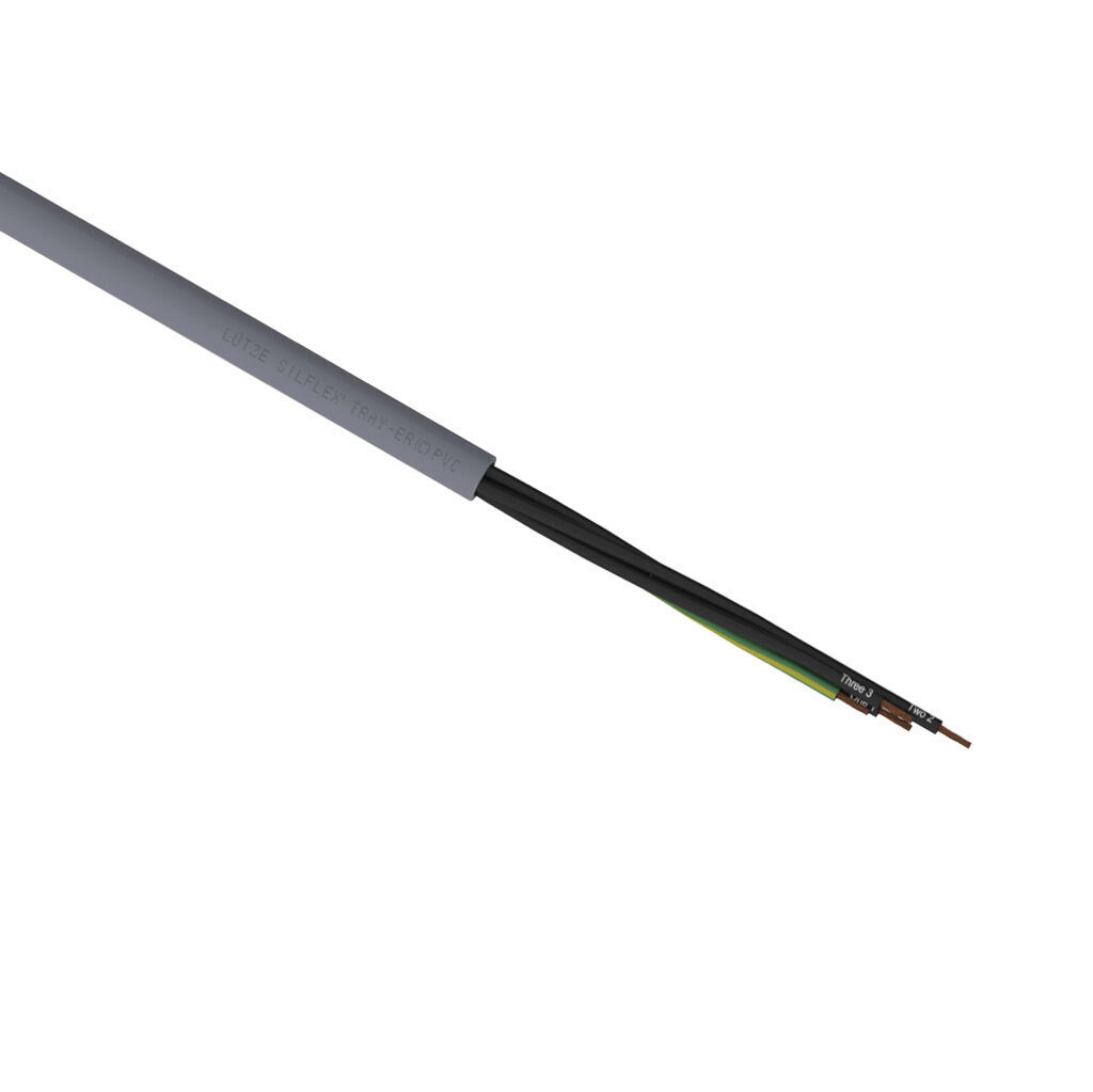 A3081004-1 - LUTZE Silflex flexible control cable, unshielded, 4 conductors (includes ground), 10 AWG, bare copper, PVC/Nylon conductor insulation material, black with white numbers and green/yellow ground, PVC jacket, gray, cut to length.