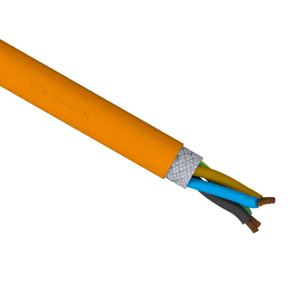 A3161004-1 - LUTZE Silflex flexible servo cable, shielded, 4 conductors (includes ground), 10 AWG, bare copper, PVC/Nylon conductor insulation material, brown, black, blue and green/yellow ground, TPE jacket, orange, cut to length.