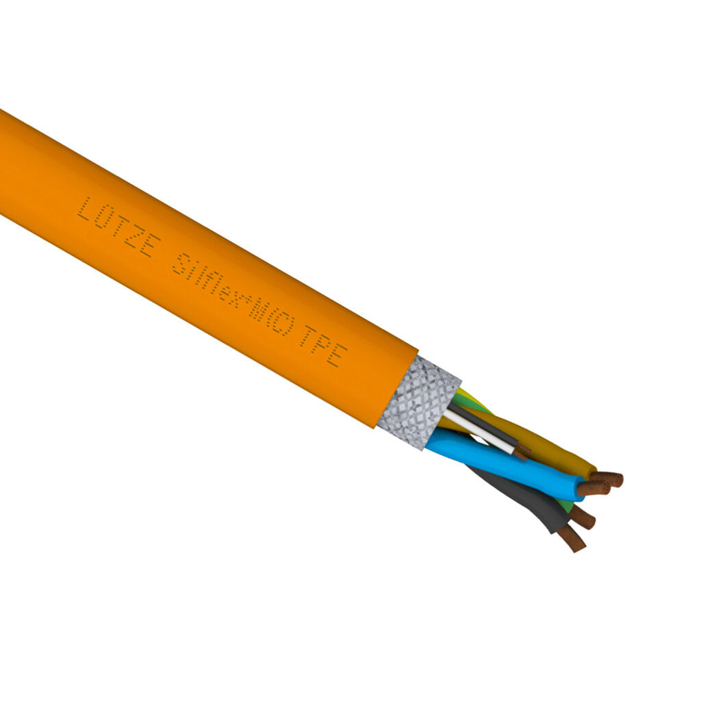 A3171204-1 - LUTZE Silflex flexible servo cable, shielded, 4 conductors (includes ground), 12 AWG, bare copper, (1) shielded 18 AWG twisted pair, PVC/Nylon conductor insulation material, brown, black, blue and green/yellow ground, TPE jacket, oran...