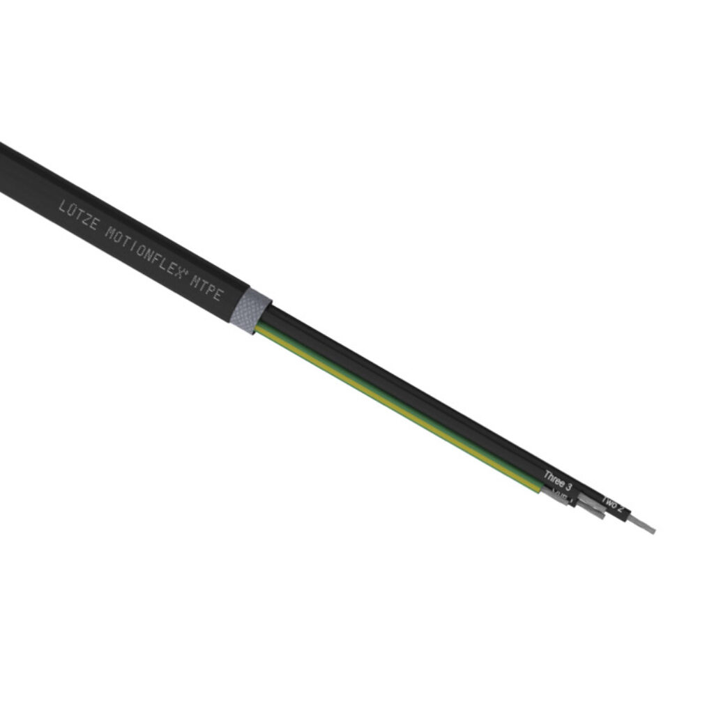 A4060804-1 - LUTZE MOTIONFLEX continuous flexing VFD cable, shielded, 4 conductors (includes ground), 8 AWG, 336-stranded, tinned copper, XLPE conductor insulation material, XHHW-2 jacket, black, cut to length.