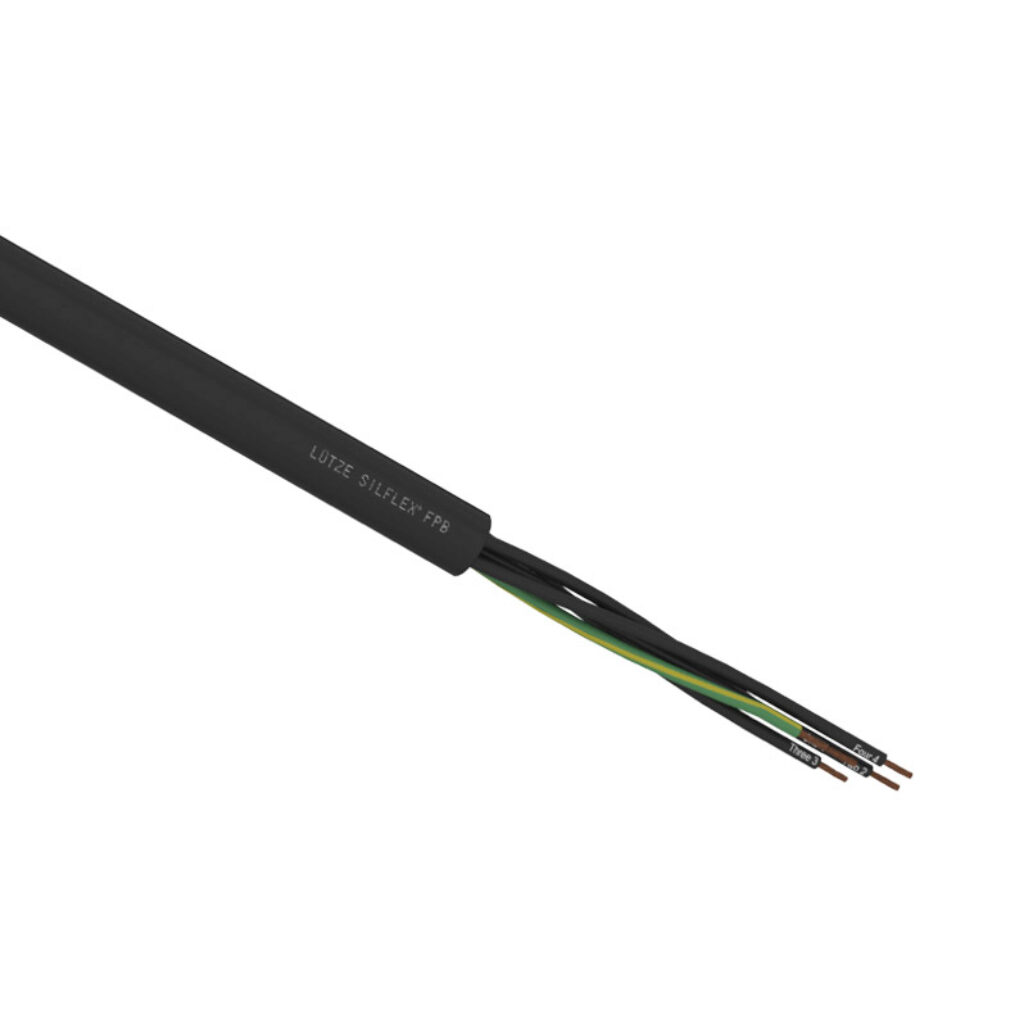 A6012005-1 - LUTZE Silflex FBP flexible control cable, unshielded, 5 conductors (includes ground), 20 AWG, bare copper, polypropylene conductor insulation material, black with white numbers and green/yellow ground, TPE jacket, black, cut to length.