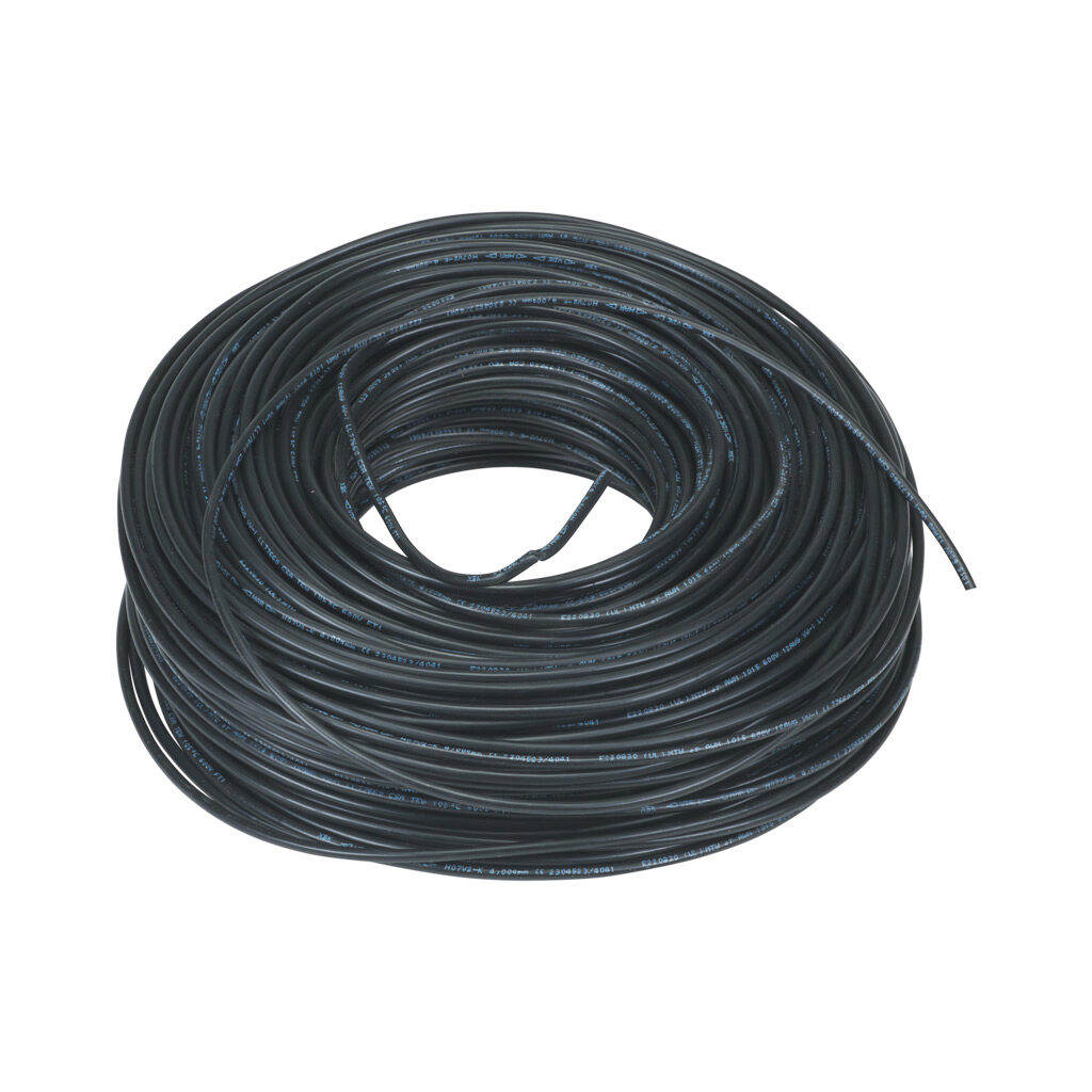 A61201 - LUTZE HAR H07V-K hook-up wire, single conductor, 12 AWG (4mm2), 56-stranded, tinned copper, PVC conductor insulation material, black, 450/750V (H07V2-K), 600V (MTW), 328ft carton.