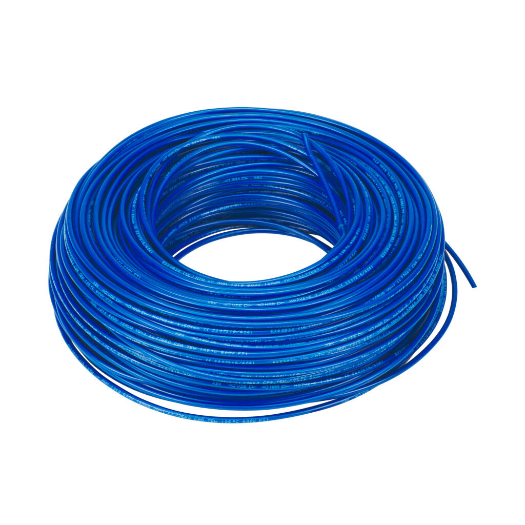 A61614 - LUTZE HAR H07V-K hook-up wire, single conductor, 16 AWG (1.50mm2), 30-stranded, tinned copper, PVC conductor insulation material, dark blue, 450/750V (H07V2-K), 600V (MTW), 328ft carton.