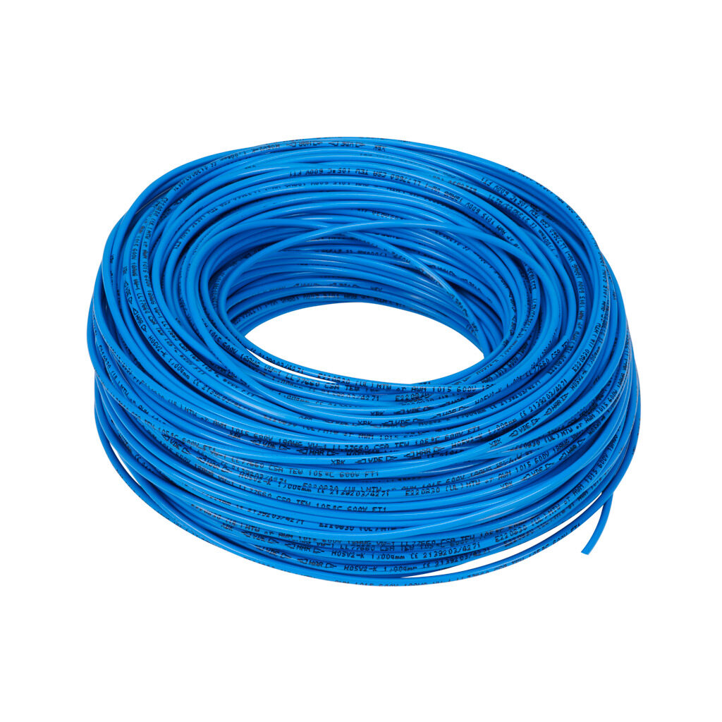 A61802 - LUTZE HAR H05V-K hook-up wire, single conductor, 18 AWG (1.0mm2), 32-stranded, tinned copper, PVC conductor insulation material, blue, 300/500V (H05V2-K), 600V (MTW), 328ft carton.