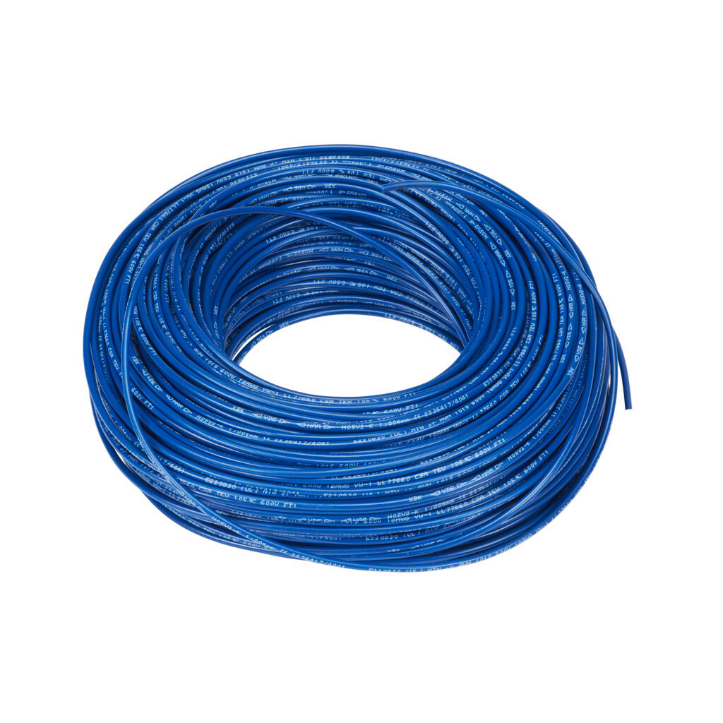 A61814 - LUTZE HAR H05V-K hook-up wire, single conductor, 18 AWG (1.0mm2), 32-stranded, tinned copper, PVC conductor insulation material, dark blue, 300/500V (H05V2-K), 600V (MTW), 328ft carton.