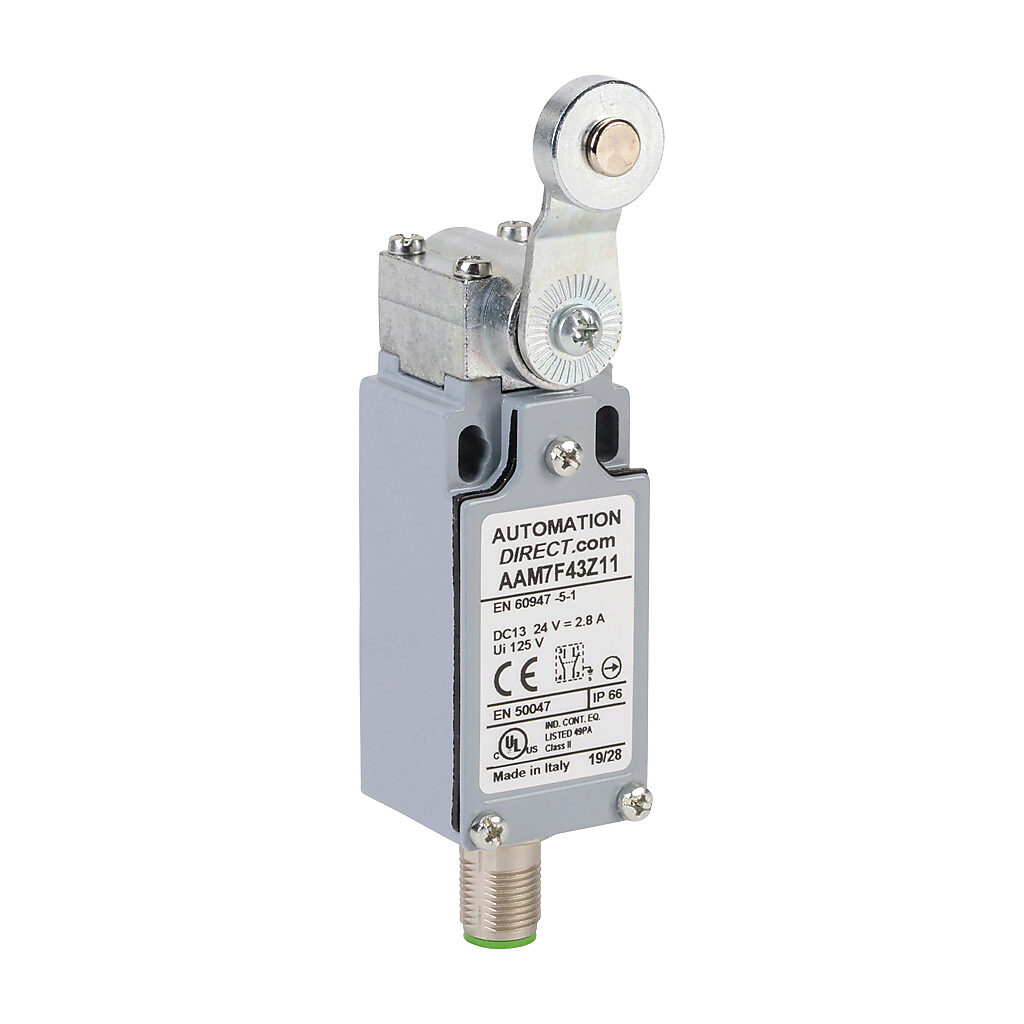 AAM7F43Z11 - AutomationDirect IEC limit switch, side rotary lever with 18mm metal roller, 90-degree adjustable head, (1) N.O./(1) N.C. contact(s), snap action, 20-22mm hole spacing, zinc alloy, (1) 5-pin M12 quick-disconnect.