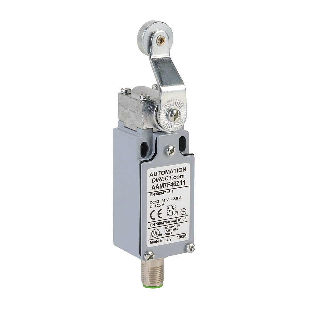 AAM7F46Z11 - AutomationDirect IEC limit switch, side rotary lever inward with 18mm metal roller, 90-degree adjustable head, (1) N.O./(1) N.C. contact(s), snap action, 20-22mm hole spacing, zinc alloy, (1) 5-pin M12 quick-disconnect.