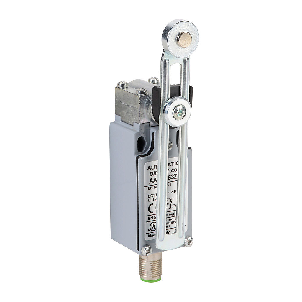 AAM7F53Z11 - AutomationDirect IEC limit switch, side rotary adjustable metal lever with 18mm metal roller, 90-degree adjustable head, (1) N.O./(1) N.C. contact(s), snap action, 20-22mm hole spacing, zinc alloy, (1) 5-pin M12 quick-disconnect.
