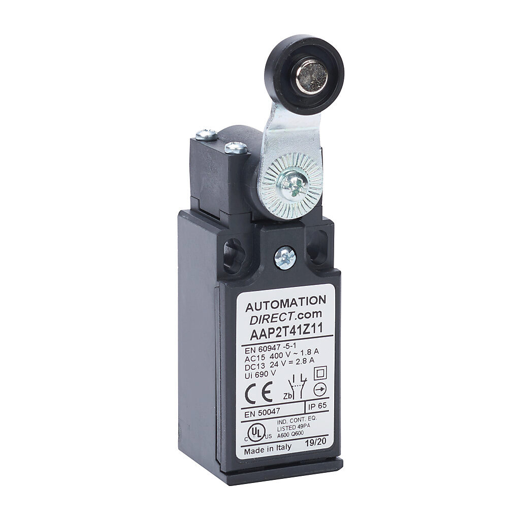 AAP2T41Z11 - AutomationDirect IEC limit switch, side rotary lever with polyamide roller, 90-degree adjustable head, (1) N.O./(1) N.C. contact(s), snap action, 20-22mm hole spacing, plastic, (1) PG11 cable entry with 1/2in NPT adapter.