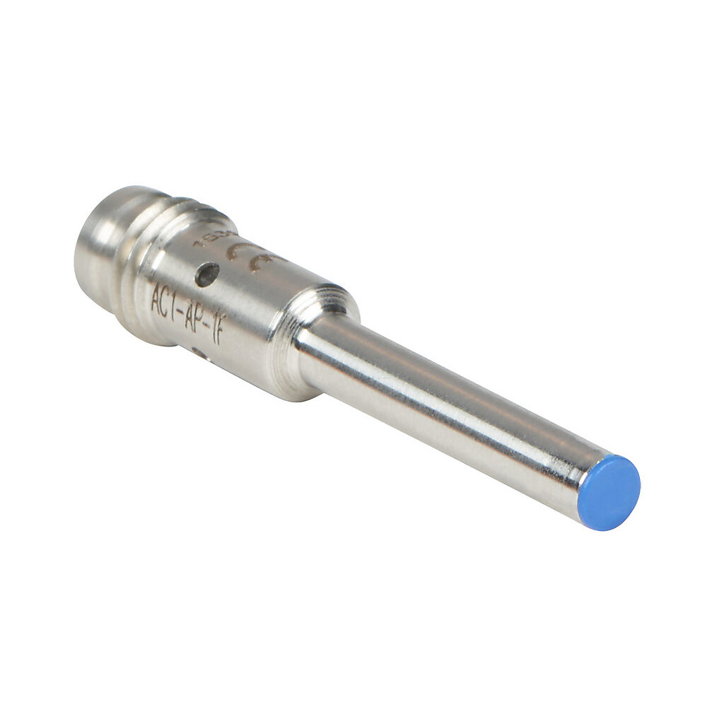AC1-AP-1F - Micro Detectors inductive proximity sensor, tubular, 4mm diameter x 38.5mm body, stainless steel housing, PNP, N.O. output, 0.8mm sensing distance, flush, 7 kHz switching frequency, IP67, 3-pin M8 quick-disconnect.