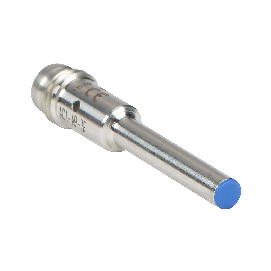 AC1-AP-3F - Micro Detectors inductive proximity sensor, tubular, 4mm diameter x 38.5mm body, stainless steel housing, PNP, N.O. output, 1.5mm sensing distance, flush, 7 kHz switching frequency, IP67, 3-pin M8 quick-disconnect.