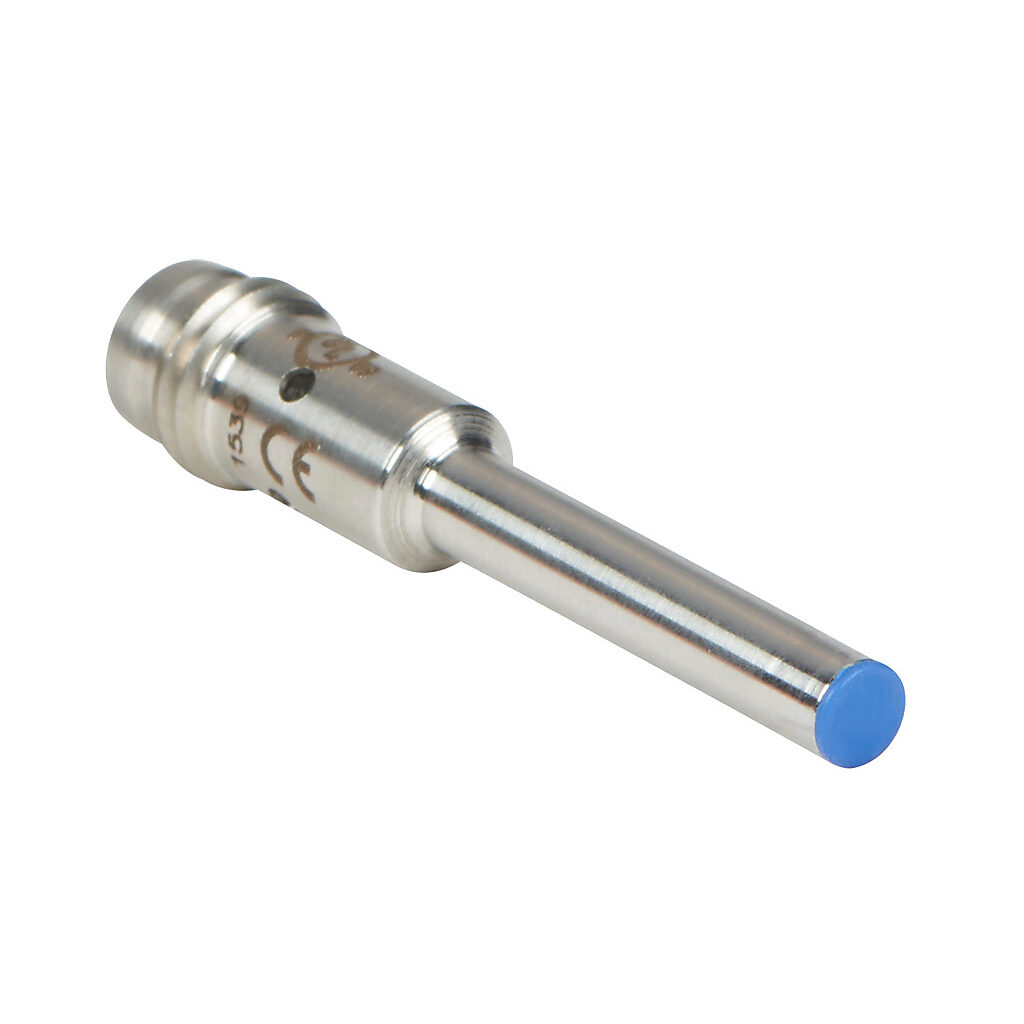 AC1-CN-1F - Micro Detectors inductive proximity sensor, tubular, 4mm diameter x 38.5mm body, stainless steel housing, NPN, N.C. output, 0.8mm sensing distance, flush, 7 kHz switching frequency, IP67, 3-pin M8 quick-disconnect.
