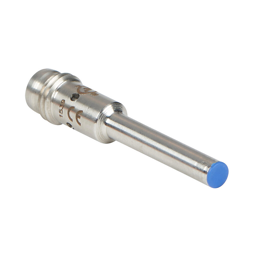 AC1-CP-1F - Micro Detectors inductive proximity sensor, tubular, 4mm diameter x 38.5mm body, stainless steel housing, PNP, N.C. output, 0.8mm sensing distance, flush, 7 kHz switching frequency, IP67, 3-pin M8 quick-disconnect.