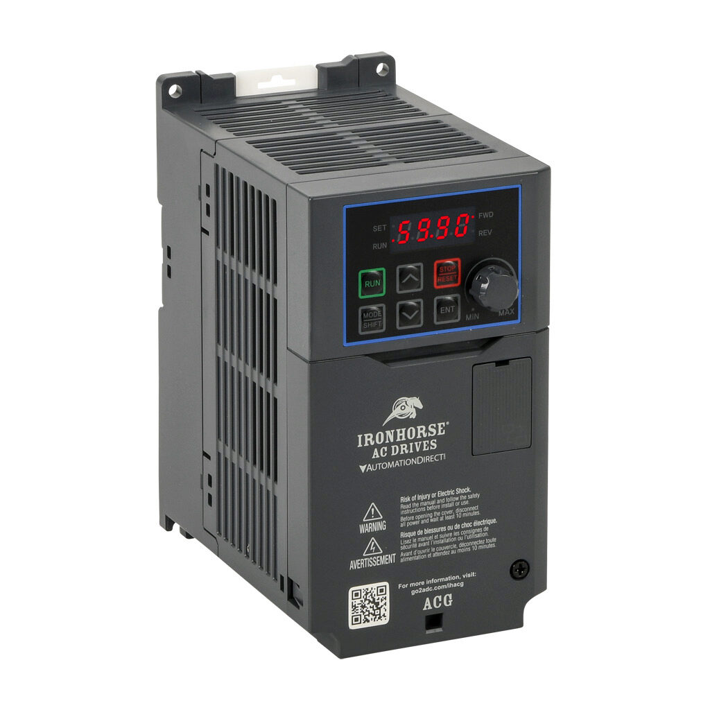ACG-20P5 - IronHorse ACG series AC general purpose drive, enclosed, 230 VAC, 1/2hp with 3-phase input, 1/6hp with 1-phase input, SVC or V/Hz mode, A frame, RS-485, integrated dynamic braking. Optional EtherNet/IP and Modbus TCP card available.